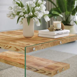Table basse verre et bois - plateaux clairs suspendus LHASA