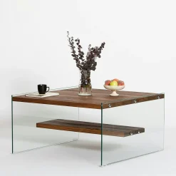 Table basse verre et bois - plateaux marrons suspendus LHASA