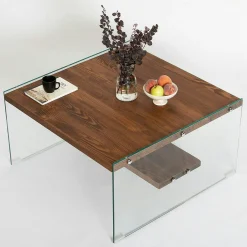 Table basse verre et bois - plateaux marrons suspendus LHASA