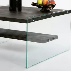 Table basse verre et bois - plateaux gris suspendus, LHASA