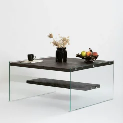Table basse verre et bois - plateaux gris suspendus, LHASA