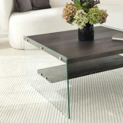 Table basse verre et bois - plateaux gris suspendus, LHASA