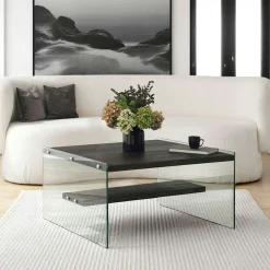 Table basse verre et bois - plateaux gris suspendus, LHASA
