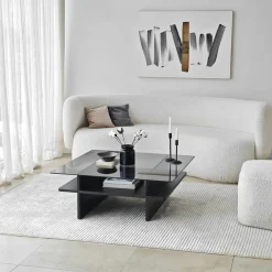 Table basse verre fumé carrée, base noire SALTA