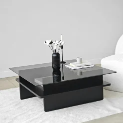 Table basse verre fumé carrée, base noire SALTA