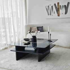 Table basse verre fumé carrée, base noire SALTA