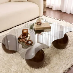 Table basse verre fumé design organique 4 pieds boule KOCHI