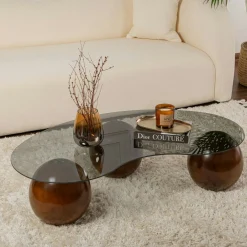 Table basse verre fumé design – 3 pieds boules marrons KOCHI