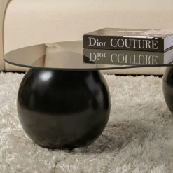 Table basse verre fumé design - 3 pieds boules noirs KOCHI