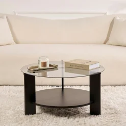Table basse verre fumé double plateau - effet bois noir SALTA