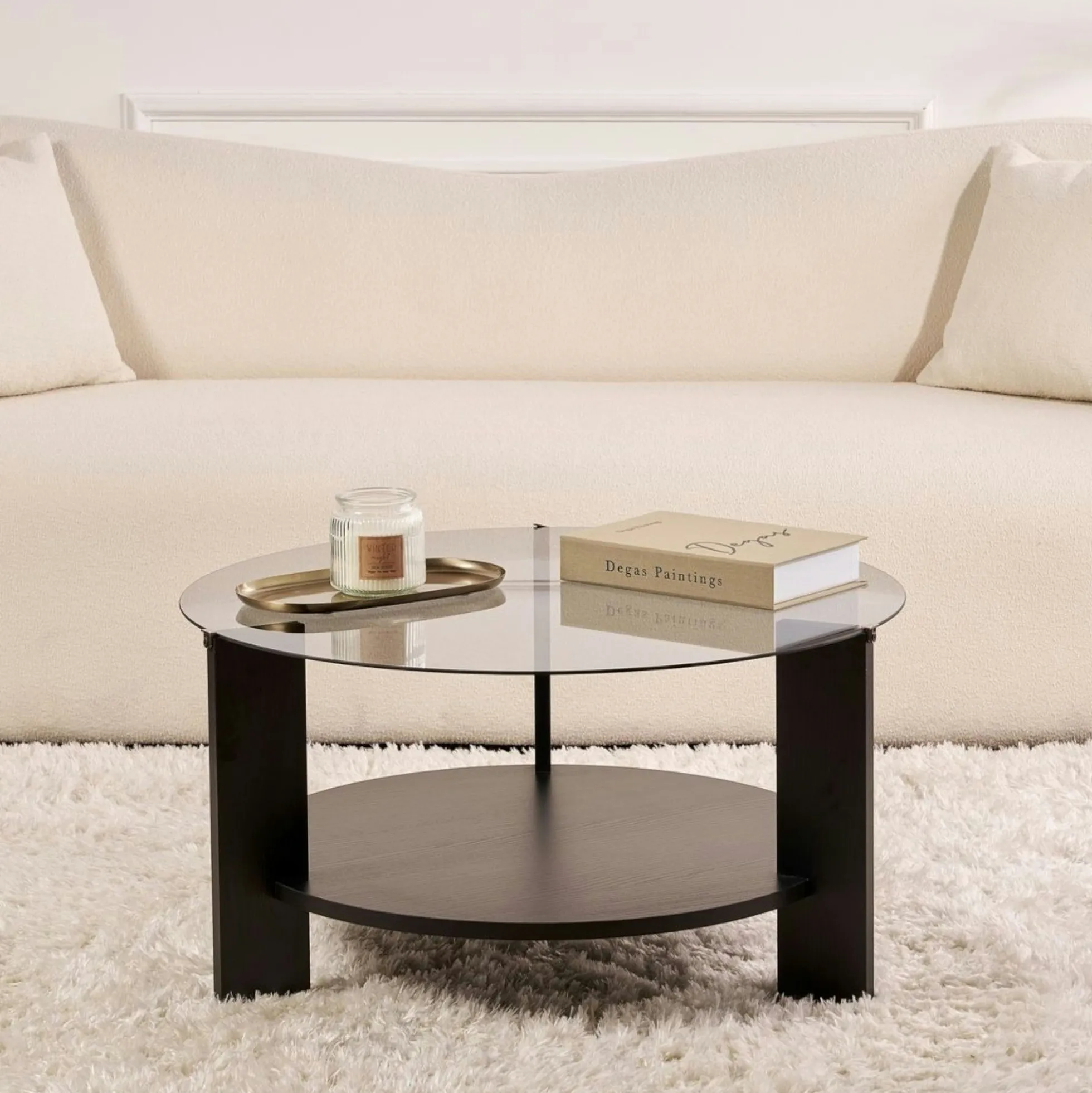 Table basse verre fumé double plateau - effet bois noir SALTA
