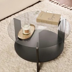 Table basse verre fumé double plateau - effet bois noir SALTA