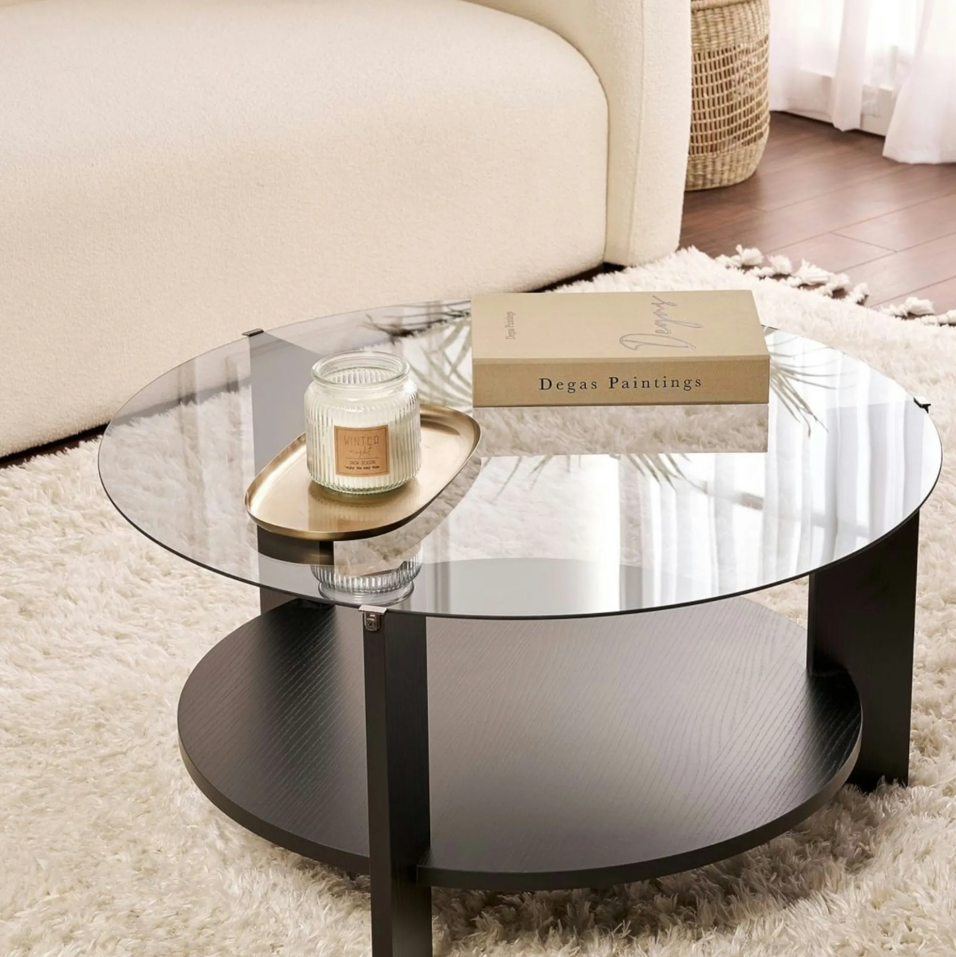 Table basse verre fumé double plateau - effet bois noir SALTA