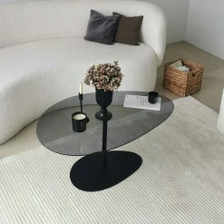 Table basse verre fumé, forme triangle organique TULUM
