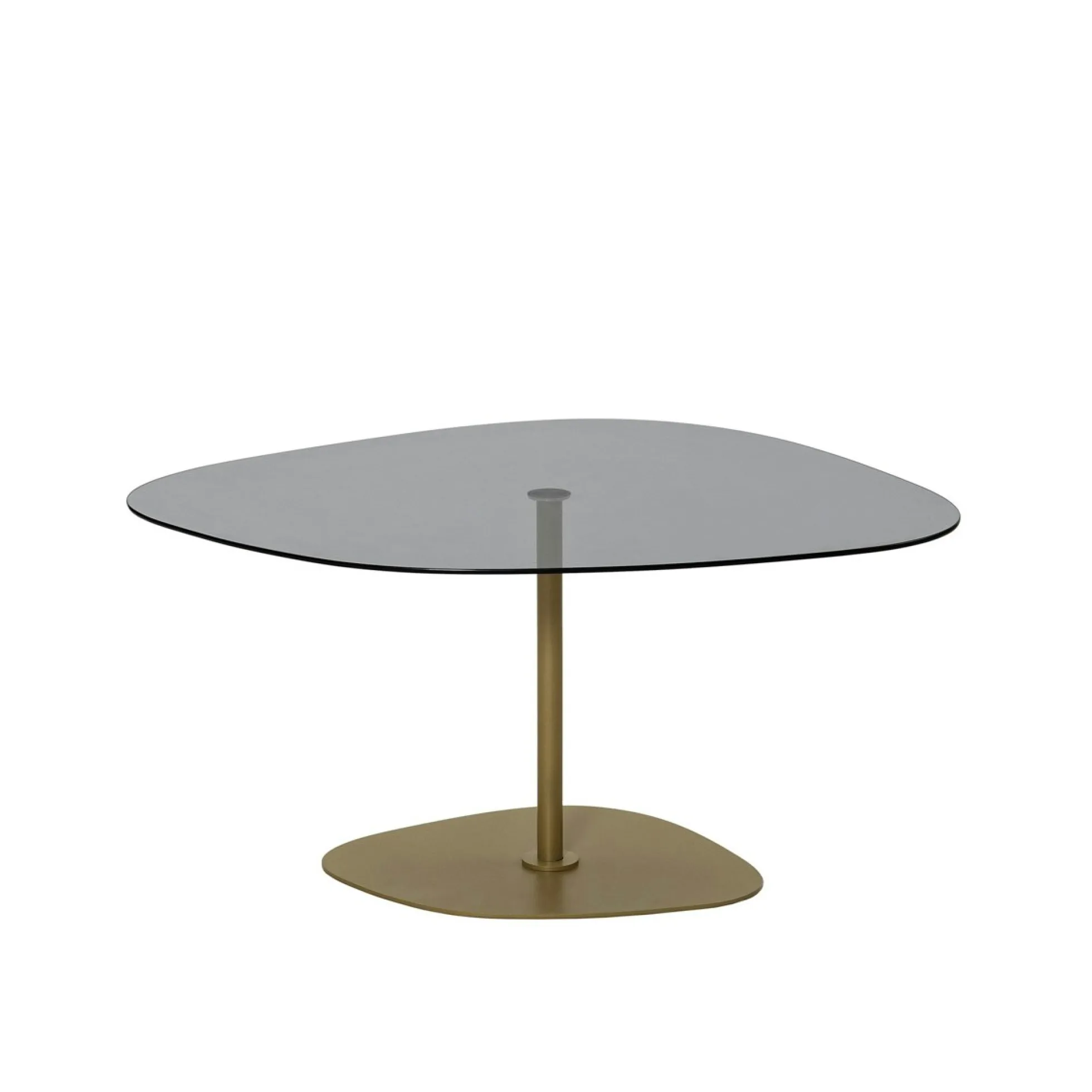Table basse verre fumé minimaliste, galet et pied doré TULUM