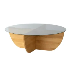 Table basse verre fumé – pied croix bois clair, 90 cm ANZIO