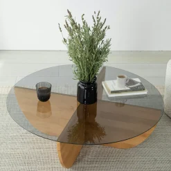 Table basse verre fumé – pied croix bois clair, 90 cm ANZIO