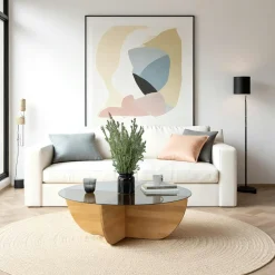 Table basse verre fumé – pied croix bois clair, 90 cm ANZIO
