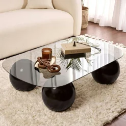 Table basse verre gris bords arrondis - 4 pieds noirs KOCHI