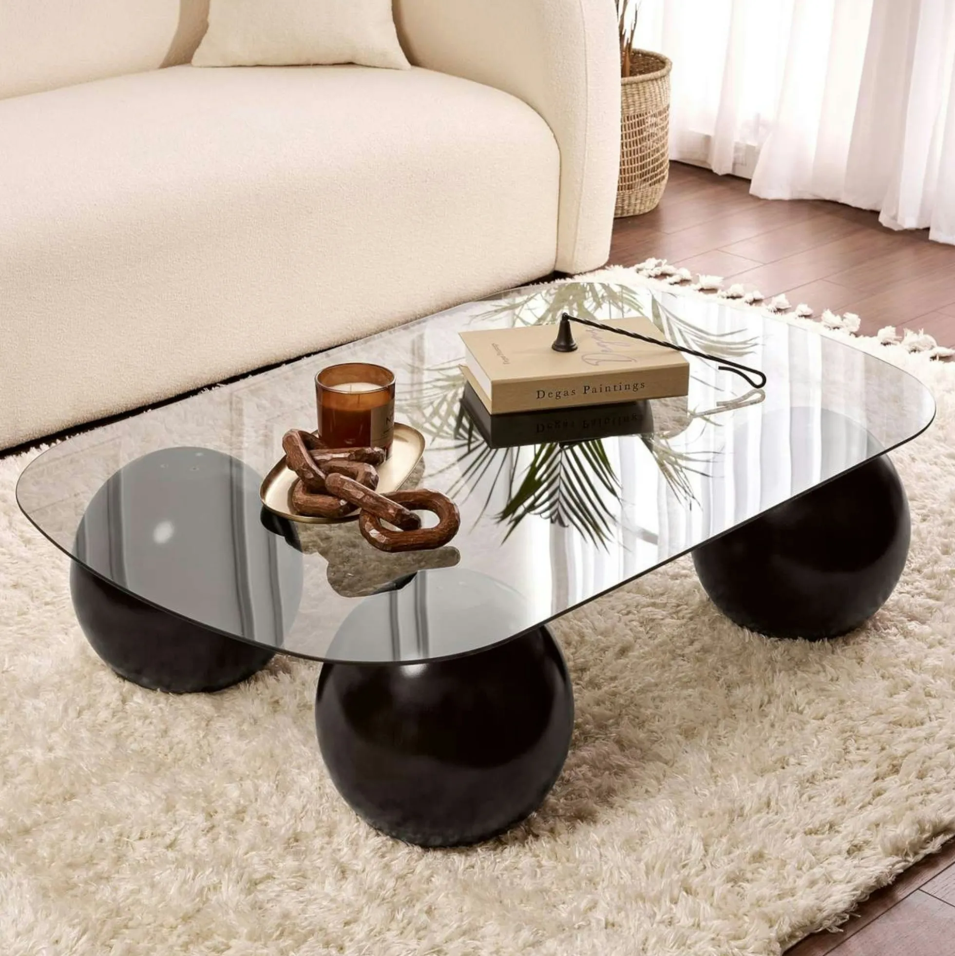 Table basse verre gris bords arrondis - 4 pieds noirs KOCHI