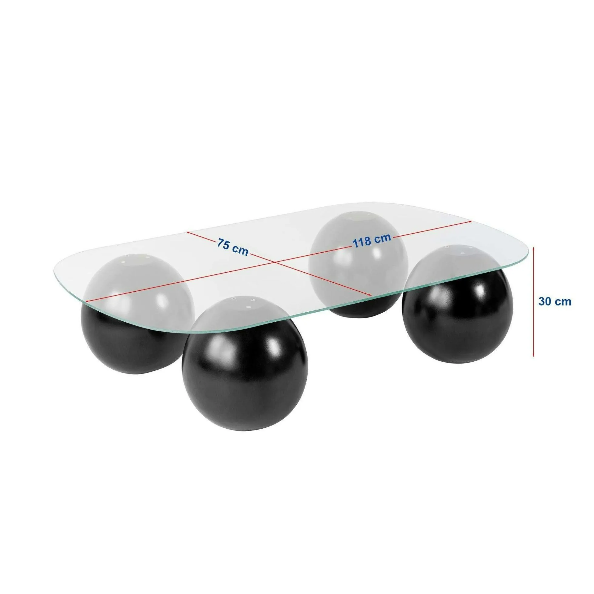 Table basse verre gris bords arrondis - 4 pieds noirs KOCHI