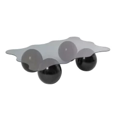 Table basse verre gris profil ondulé - 4 pieds noirs KOCHI