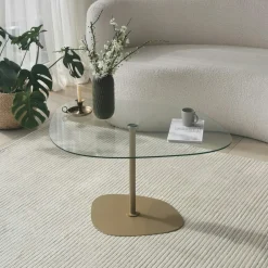 Table basse verre minimaliste forme galet et pied doré TULUM