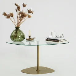 Table basse verre minimaliste forme galet et pied doré TULUM