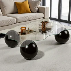 Table basse verre profil ondulé - 4 pieds boules noirs KOCHI