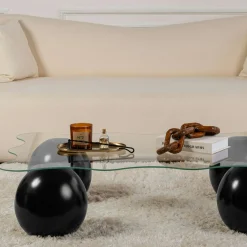 Table basse verre profil ondulé - 4 pieds boules noirs KOCHI