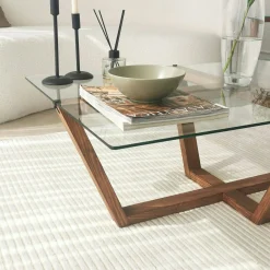 Table basse verre trempé - pied croisé en bois brun LHASA