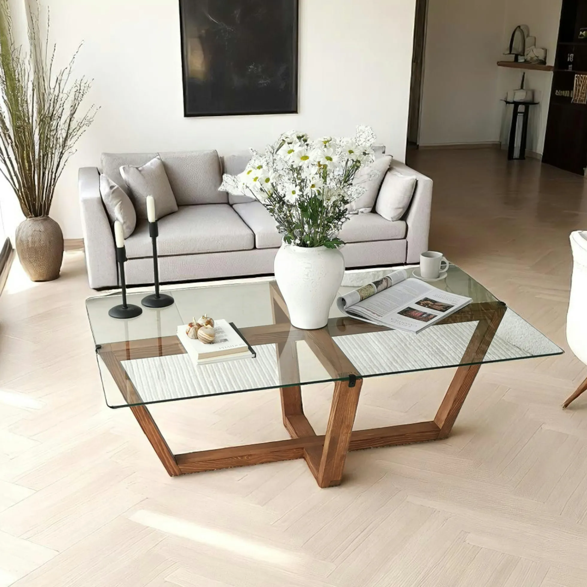 Table basse verre trempé - pied croisé en bois brun LHASA