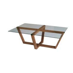 Table basse verre trempé - pied croisé en bois brun LHASA