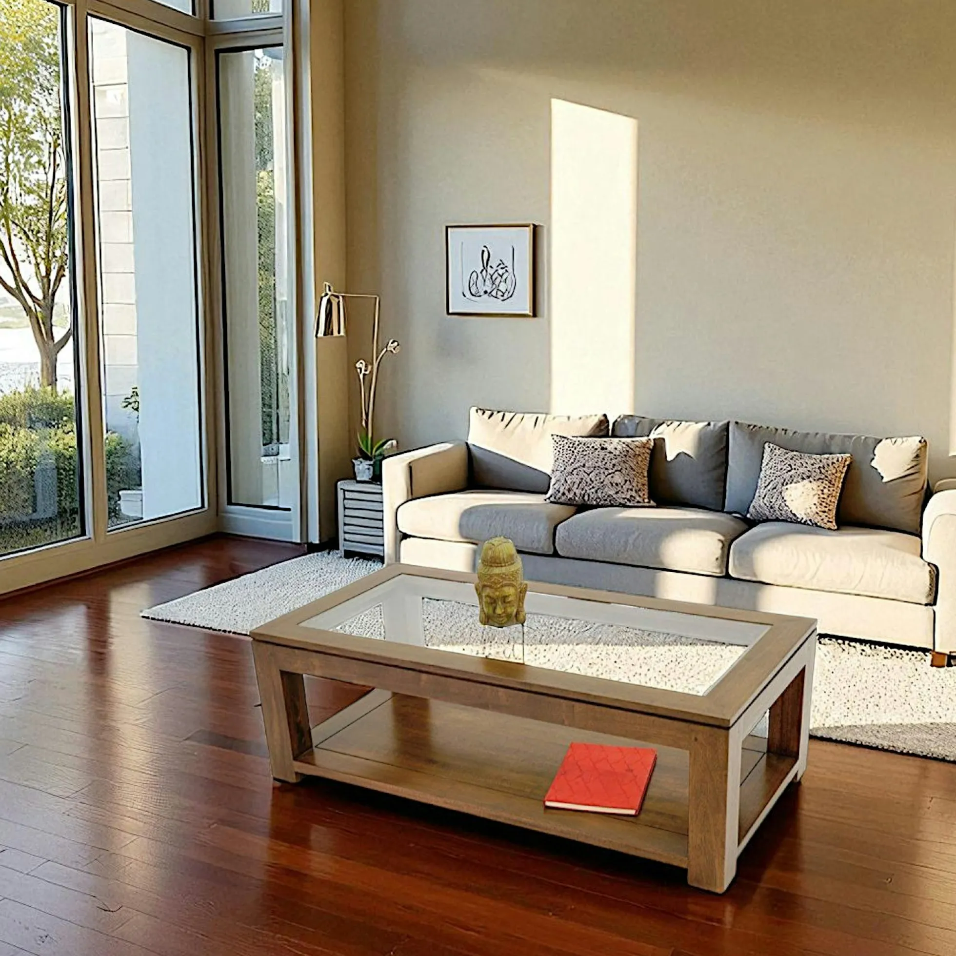 Table basse vitrée hévéa 2 plateaux 120X60cm HELENA