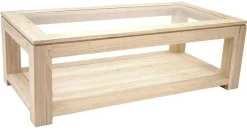 Table basse vitrée hévéa 2 plateaux 120X60cm HELENA