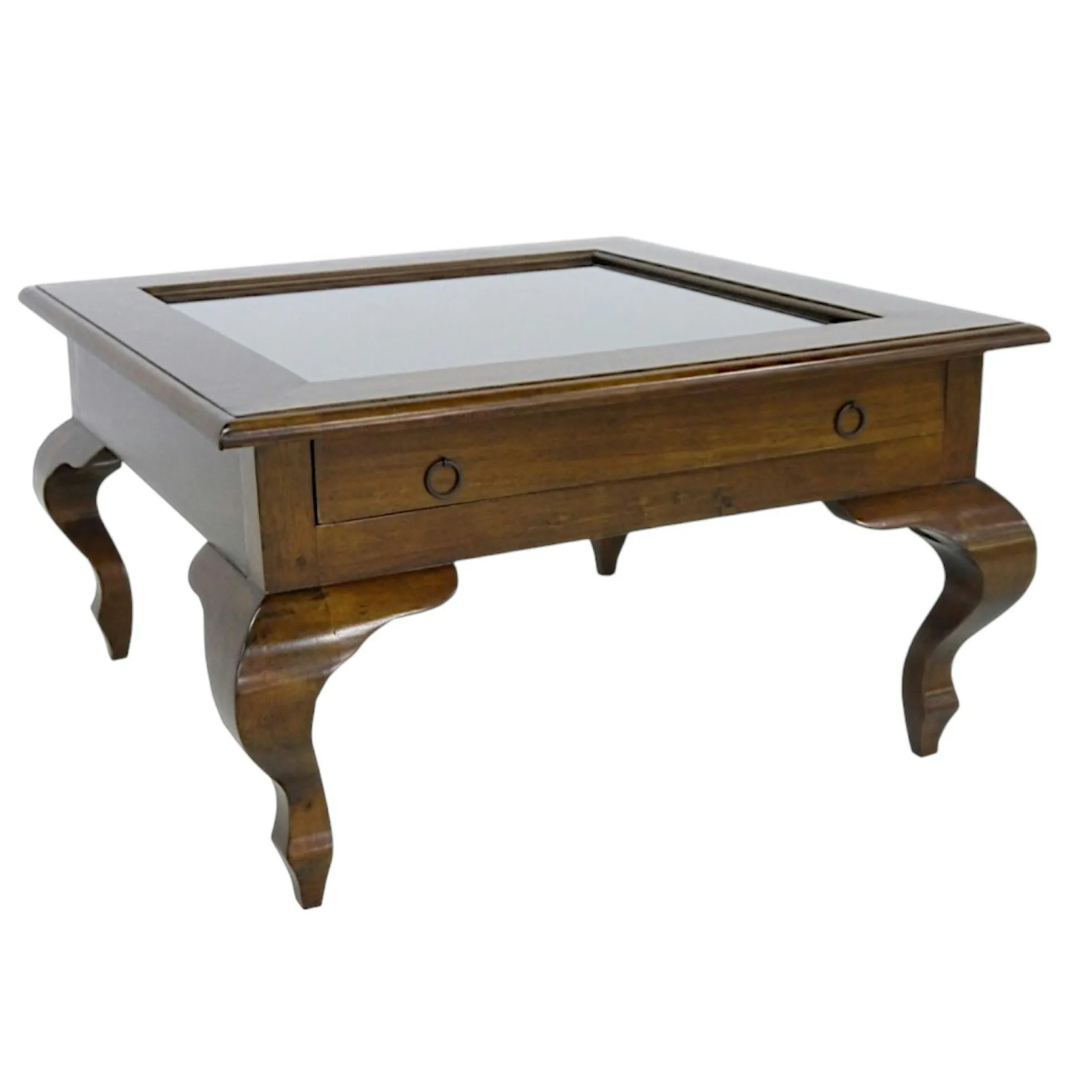 Table basse vitrée Hévéa 1 tiroir, pieds galbés 80x80x46cm MAORI