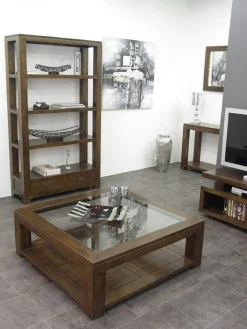 Table basse vitrée hévéa 110X110cm HELENA