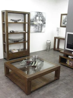 Table basse vitrée hévéa 100X100cm HELENA