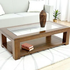 Table basse vitrée hévéa 130X70cm HELENA
