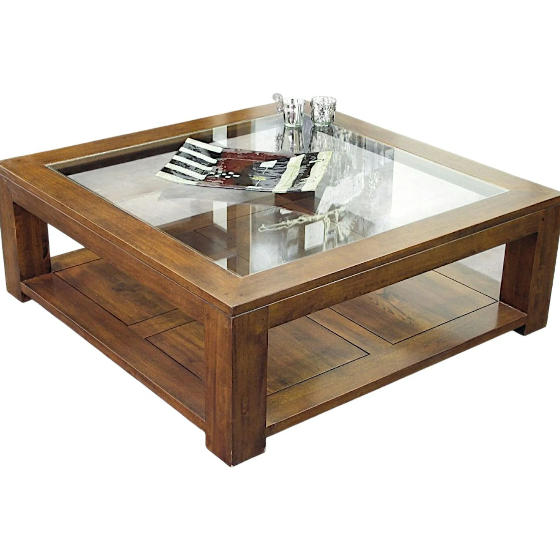 Table basse vitrée hévéa 80X80xm HELENA