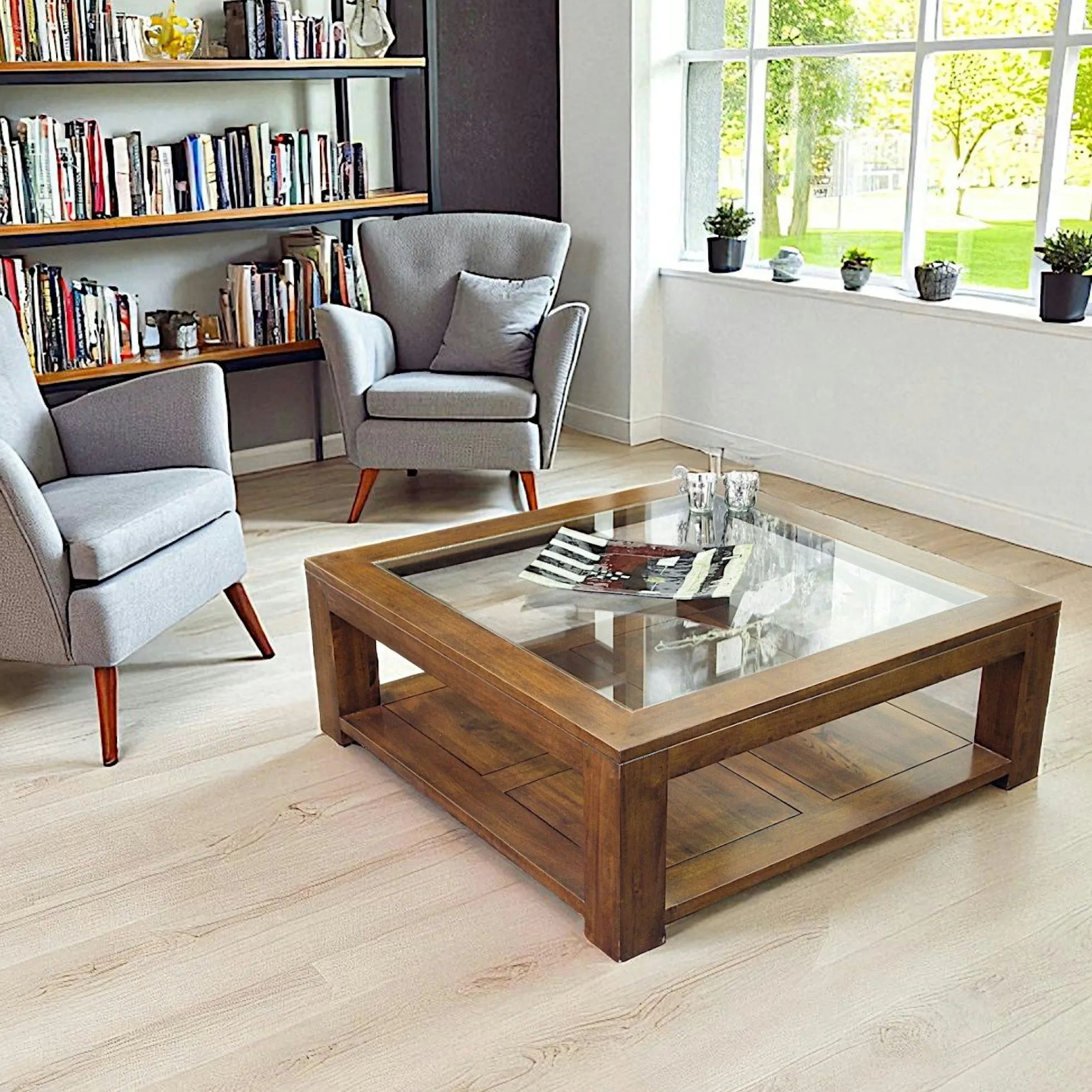Table basse vitrée hévéa 80X80xm HELENA
