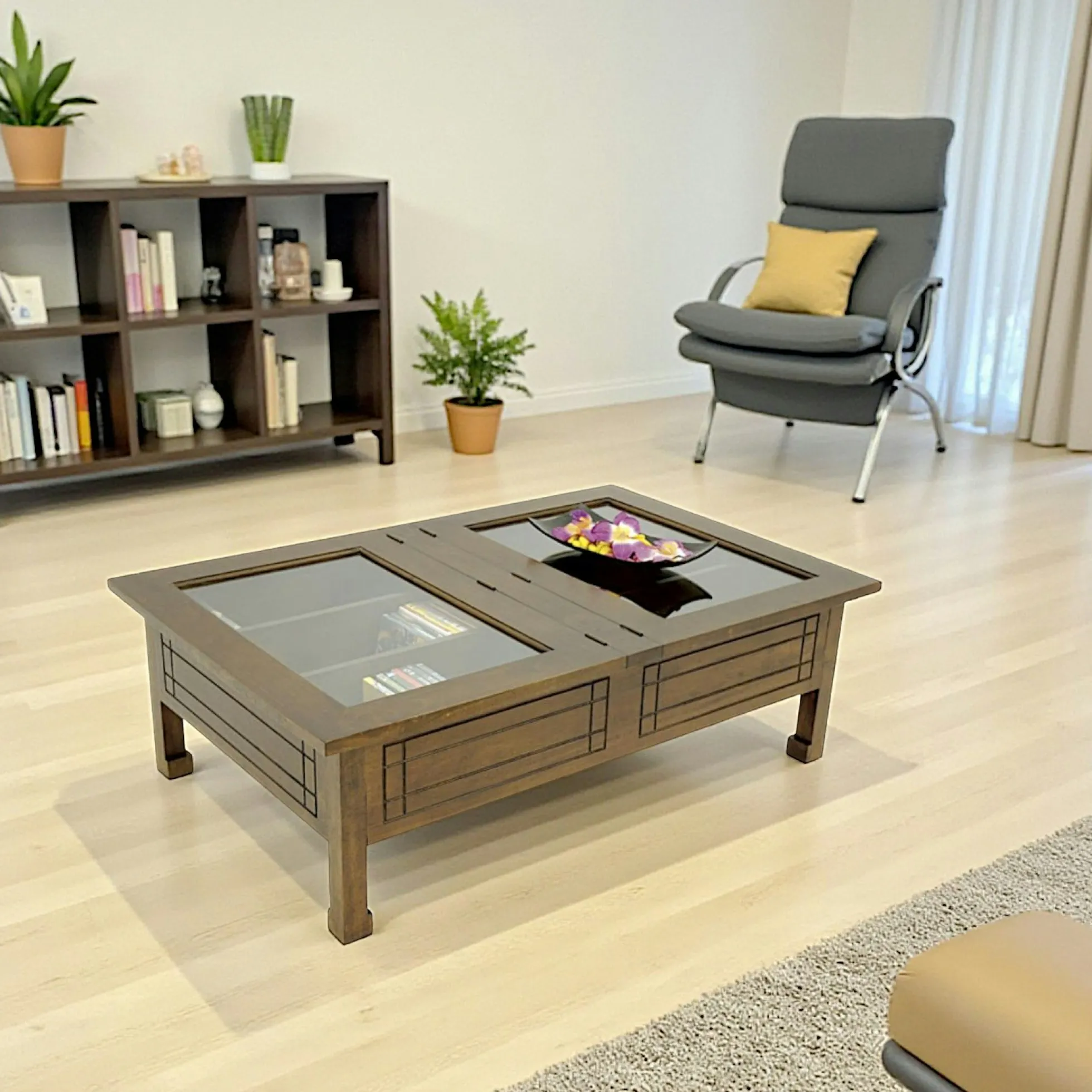 Table basse vitrée plateau ouvrant hévéa 125x80x40cm MAORI