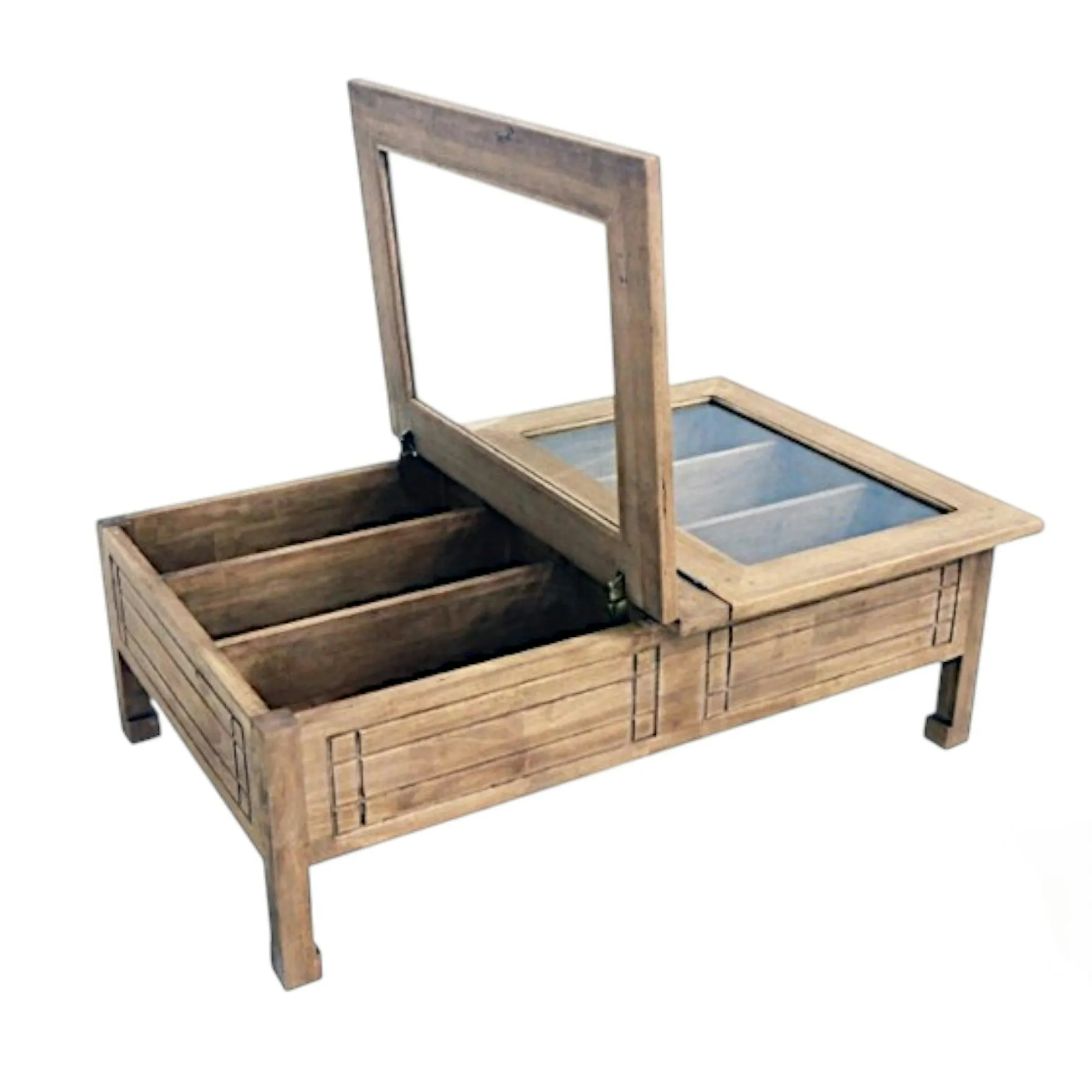 Table basse vitrée plateau ouvrant hévéa 125x80x40cm MAORI