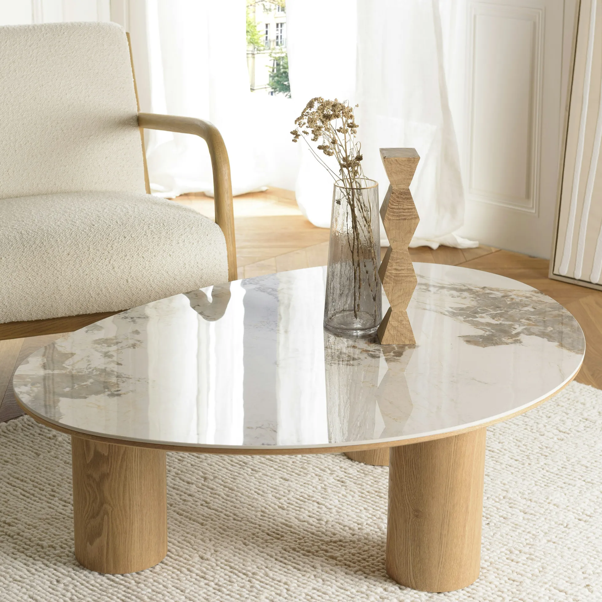 Table basse 110x80cm plateau céramique pieds bois clair LINEA