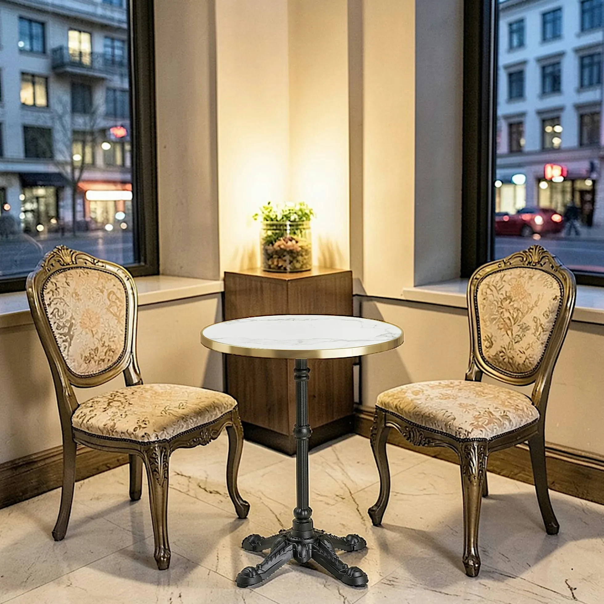 Table bistrot ronde effet marbre blanc pied fonte Ø60 cm TORANO