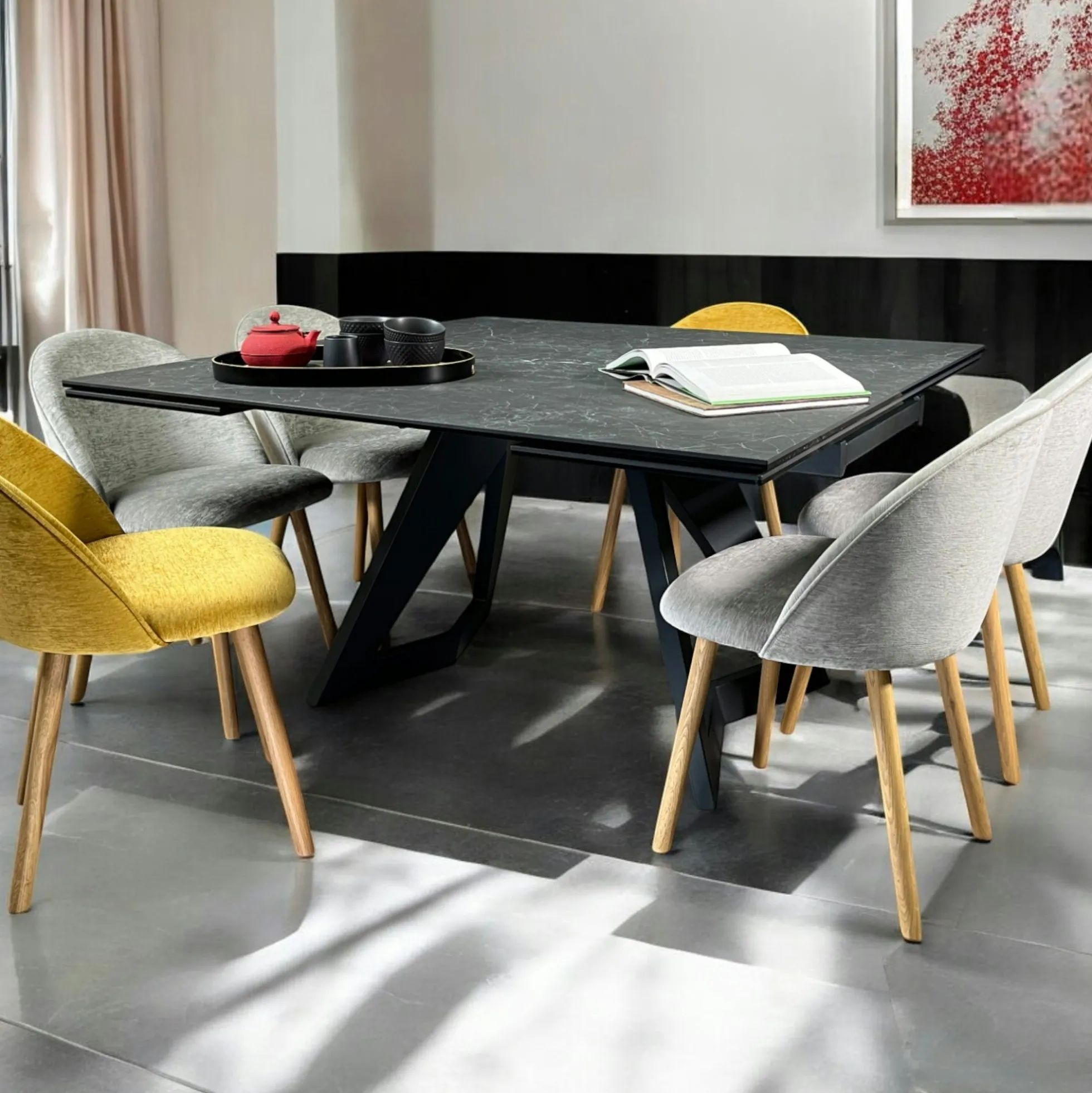 Table carrée extensible en céramique marbrée anthracite 140-220 cm LOMBARDIE