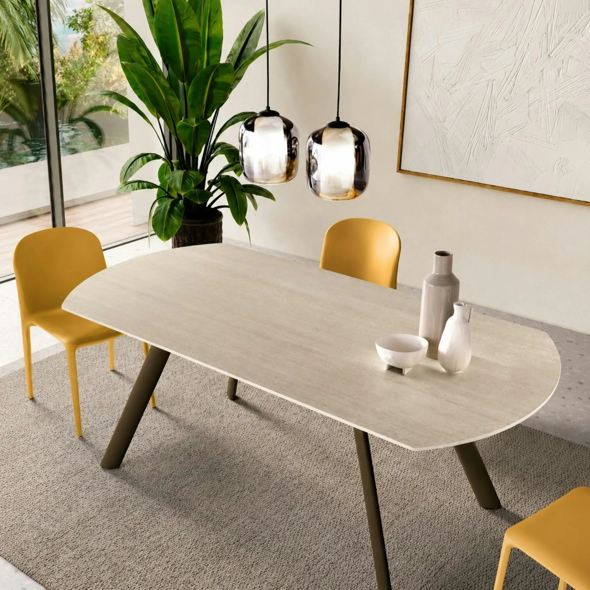 Table céramique décor travertin pieds bronze 140-180 cm LORA