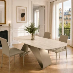 Table céramique décor travertin pied design bronze 200-280 cm LORA