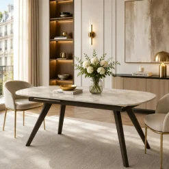 Table céramique effet onyx pieds bronze 140-180 cm LORA