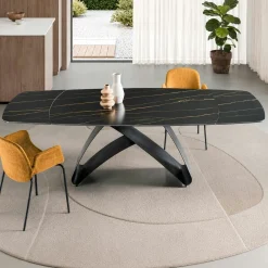 Table céramique extensible noire marbrée pied design 200-280 cm LORA